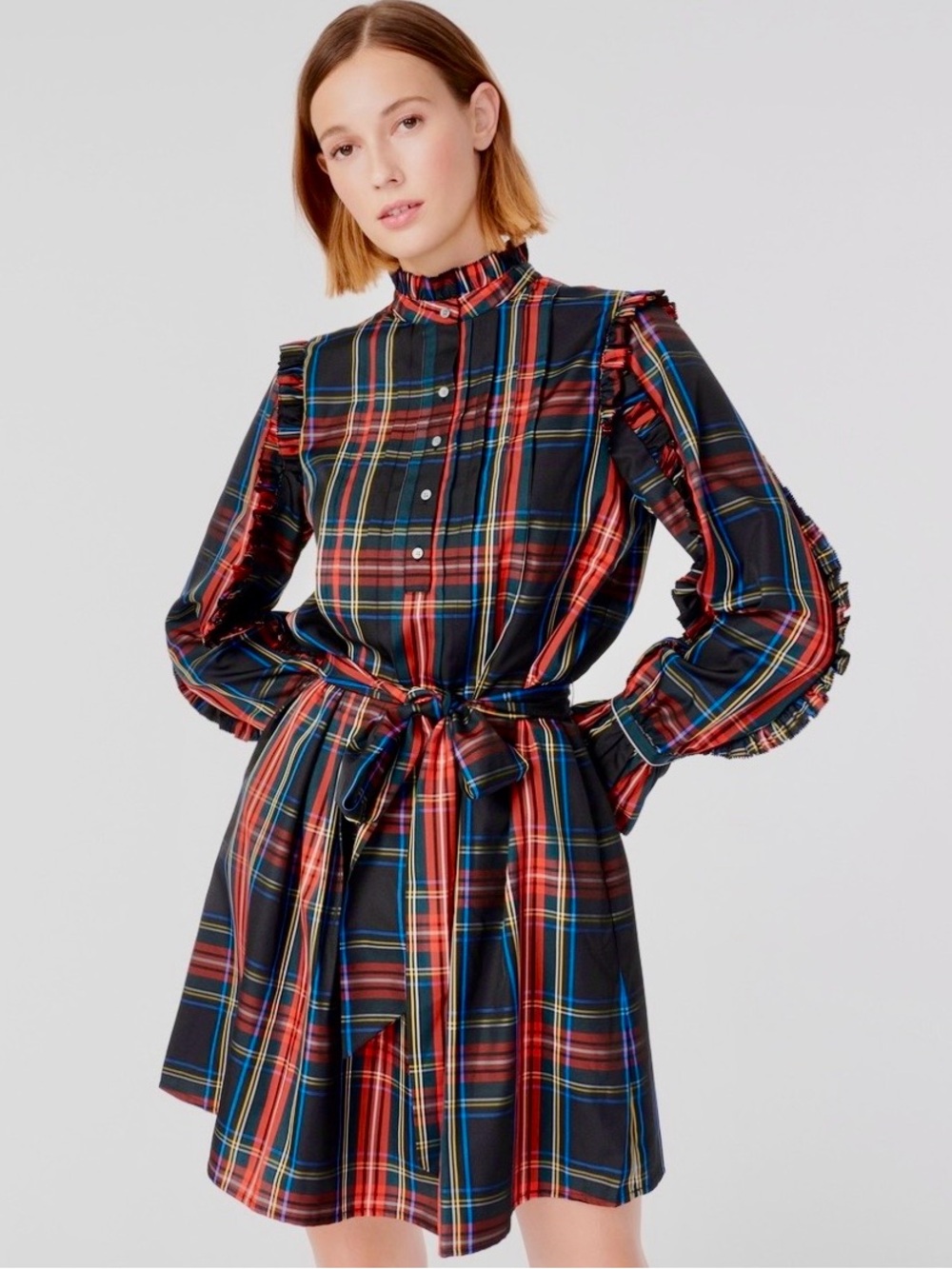 J. Crew Black and Red Plaid Ruffle Tie-Waist Mini Dress